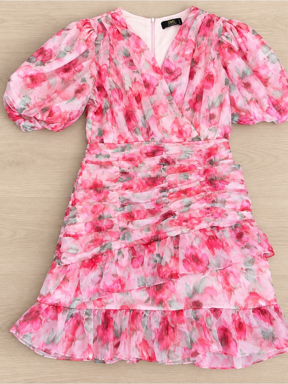 DVC Dolce Vita Pink Floral Ruched Ruffle Puff Sleeve Dress Romantic M